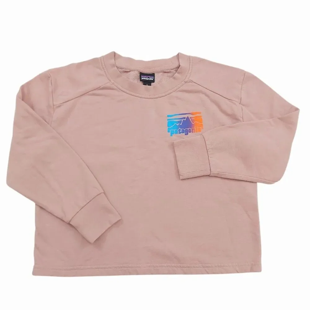 Patagonia Girls Small 6-7 Pink Graphic Crew Sweatshirt Organic Cotton Outdoor